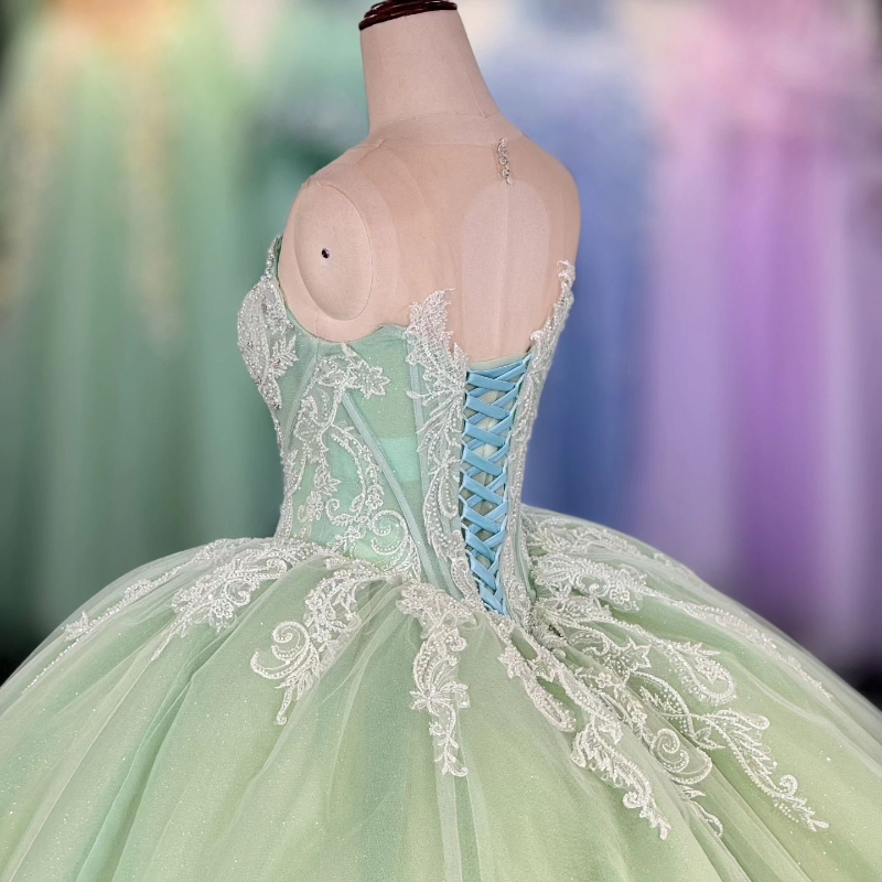 Sparkly Green Quinceanera Dresses Ball Gown Sequin Lace Applique Beading Crystal Tull Corset Sweet 16 Dress Vestidos De 15 quinceanera Anos