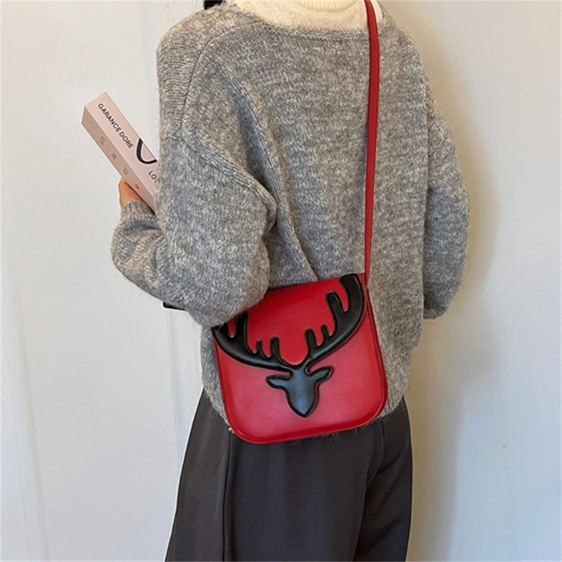 Fashionable Christmas reindeer pattern shoulder bag for women small PU bag cross shaped mobile phone bag for girls casual full matching messenger hand