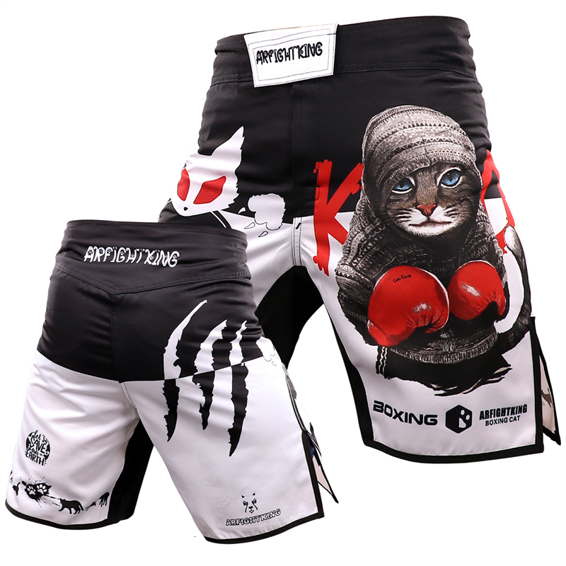 ARFIGHTKING Men Cat Thai Shorts Boxing Shirts Fitness Training BJJ Kickboxing Shorts Kids MMA Muay Thai Grappling Trunks