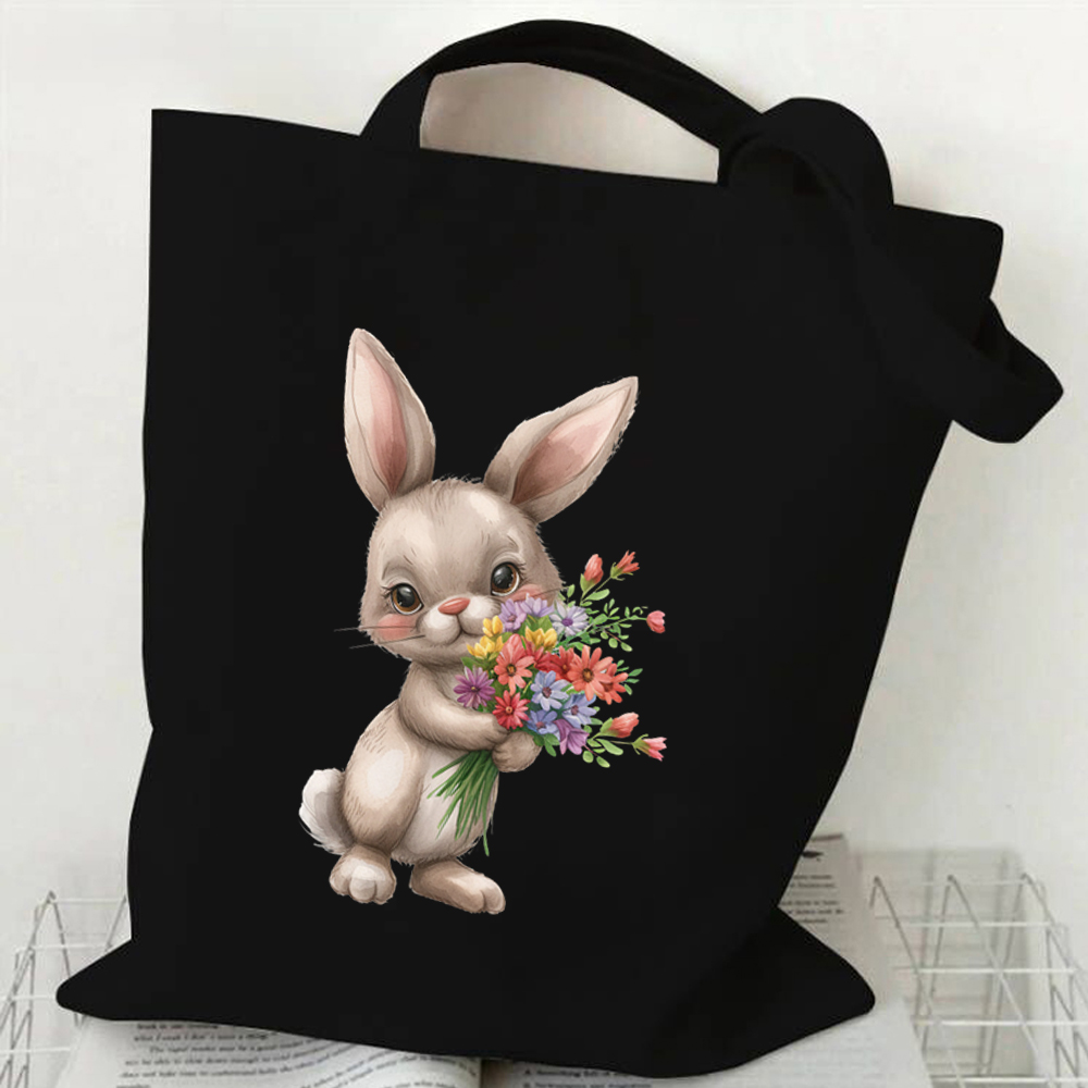 Bunny Handbag Women Watercolor Art Design Shoulder Bag Lady Casual Outdoor Beach Shopping Commuter Bag Floral Rabbit Tote Bag