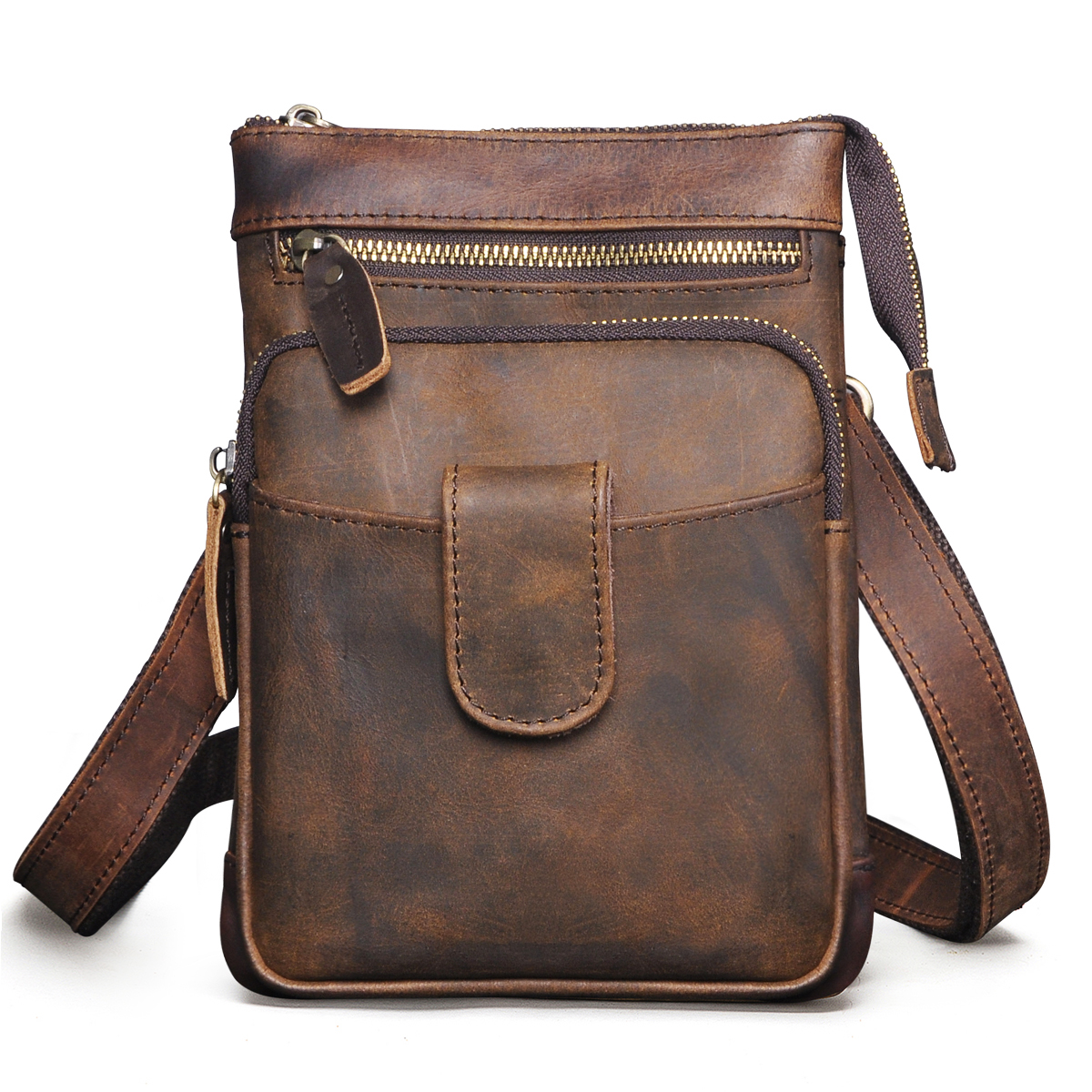Crazy Horse Leather Male Casual Design One Shoulder Messenger bag Fashion Hook Belt Fanny Waist bag Pack Summer Small Phone 6549
