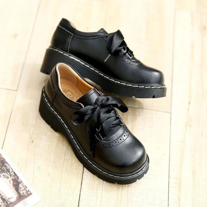 Womens Ribbon Lace Oxford Shoes Genuine Split Leather Brogues Retro Womens Apartment Zapatos De Mujer 241106