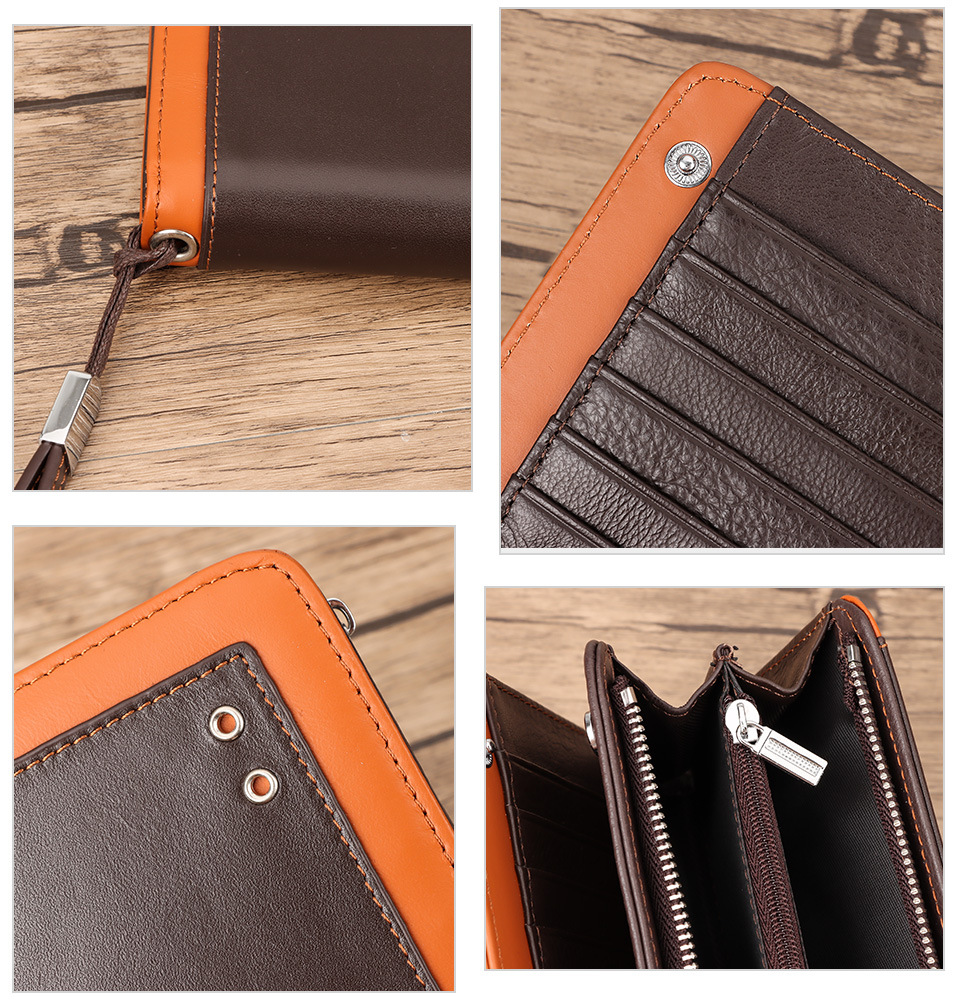 Retro business wallet, top leather long wallet, large capacity zipper, RFID anti-theft brush, genuine leather men's handbag