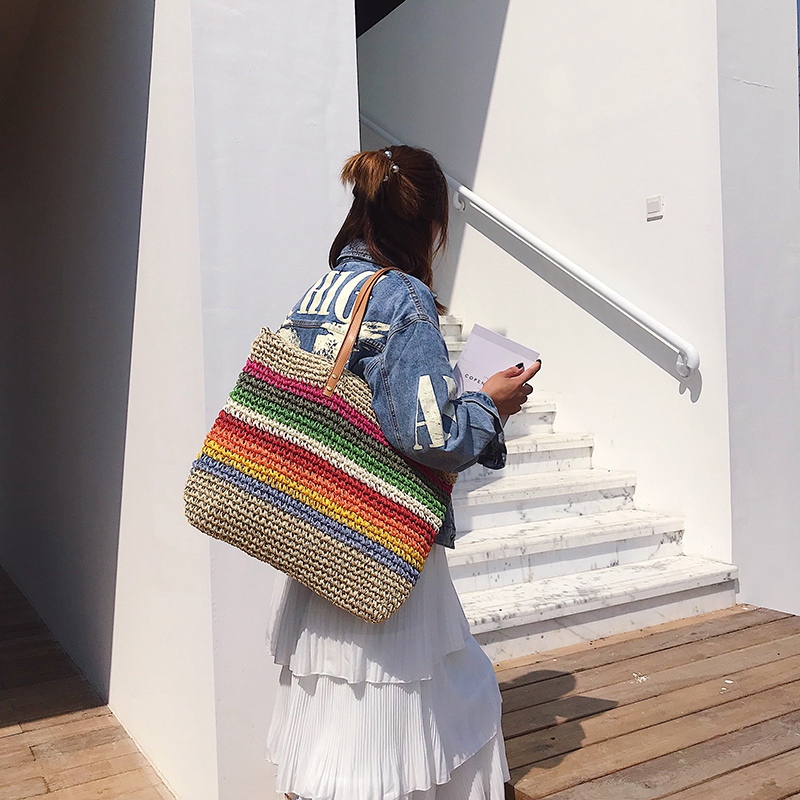 Fashion Lady Handbag Beach Rainbow Color Lady Handbag Shoulder Korean Version Of The Trend Beach Straw Bag