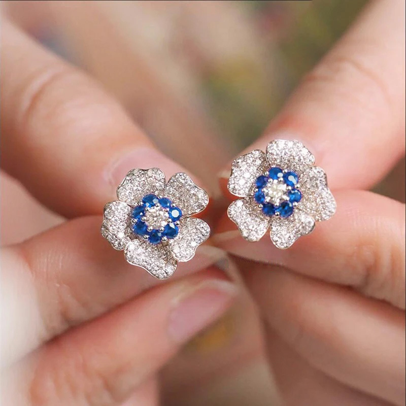Flower earrings women fashionable fresh exquisite Stud 925 sterling silver diamond Stud earrings classic crystal flower platinum Stud wedding jewelry