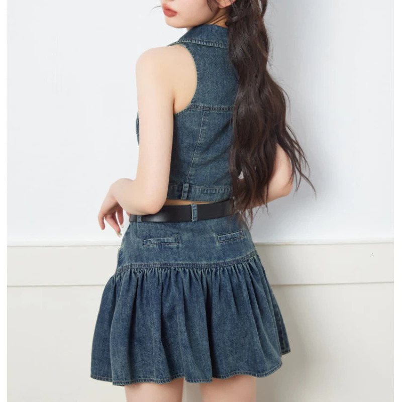 Vintage Y2K Skirts Two Pieces Set Gothic Womens Denim Camisole Vest with Mini A-line Pleated Skirt Suits Summer Outfits 241107