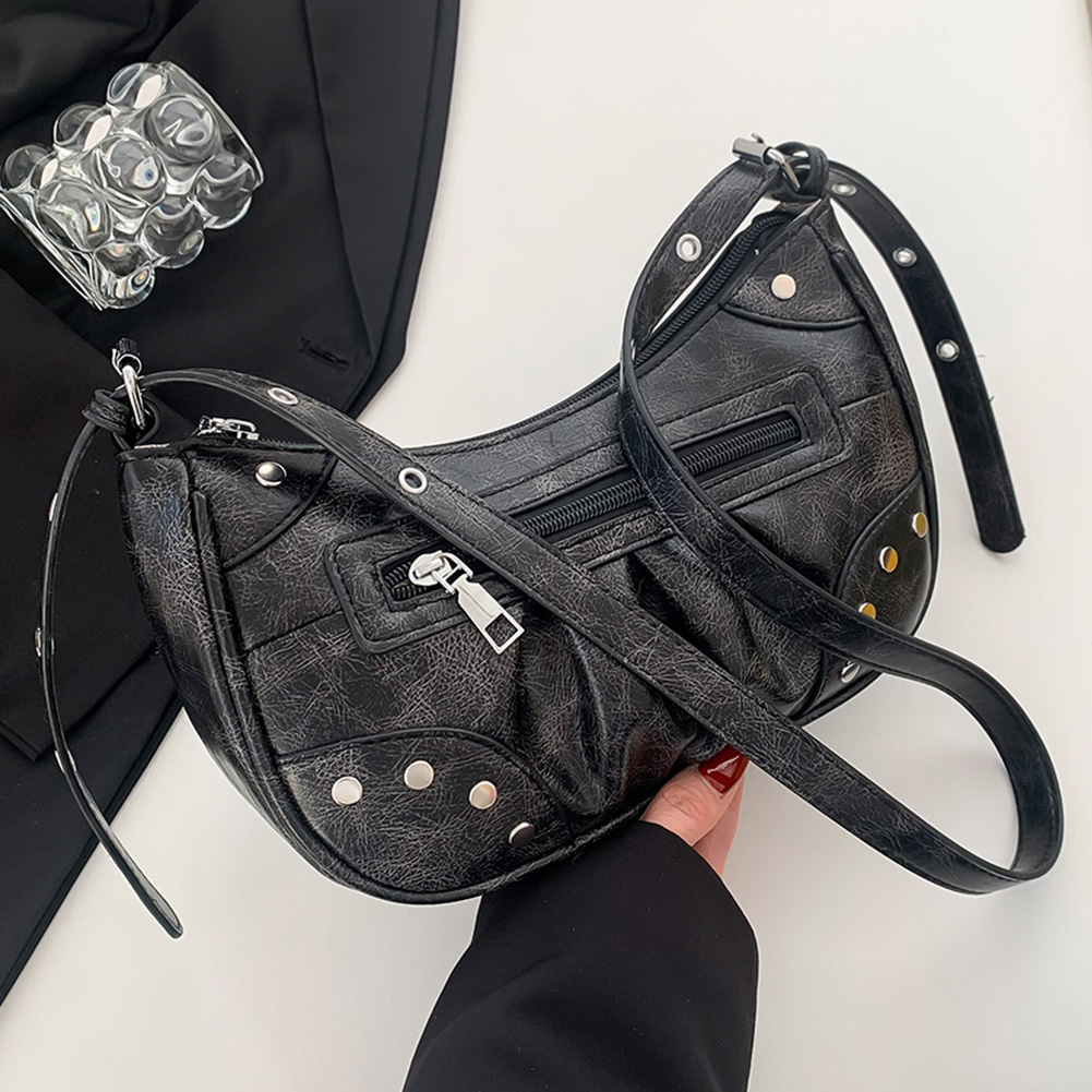 Rivet Shoulder Bag Punk Style Trendy Hobo Bag Zipper Closure Fashion Handbag Everyday Purse for Women and Girls