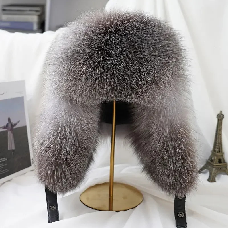 Winter Mens 100% Real Silver Fox Fur Bomber Hat Raccoon Fur Usanka Hat Catcher Russian Mens Ski Hat 241106