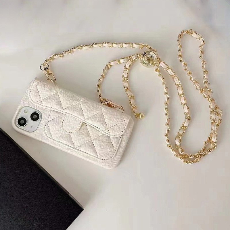 Crossbody Designer Phone Case for Apple iPhone 17 16 15 14 13 12 11 Luxury Diamond Leather Chains Card Holder Strap Velvet Lining Hard Shell Back Cover Coque Funda White