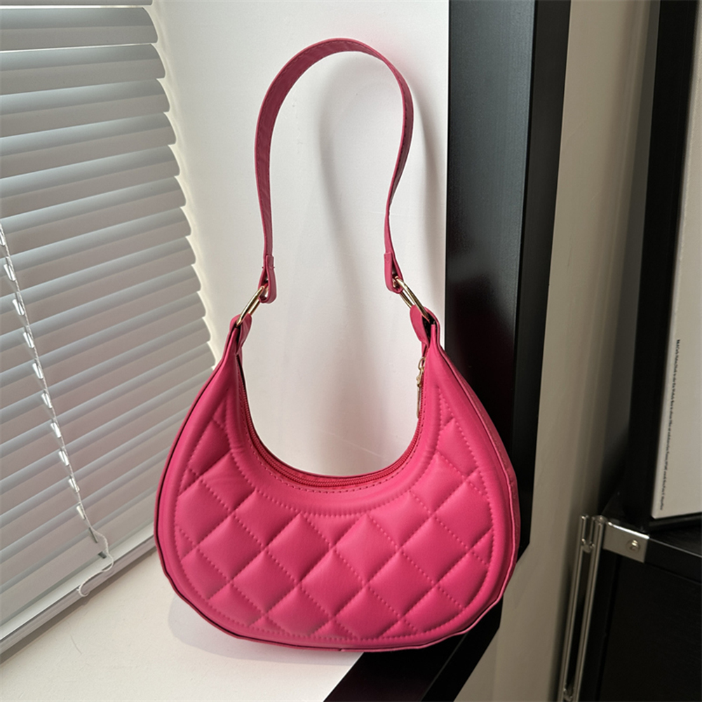 Fashion Plaid Crescent Shoulder Bag Trendy Clutch Purse PU Leather Shoulder Purse Solid Color Small Hobo Bag for Women