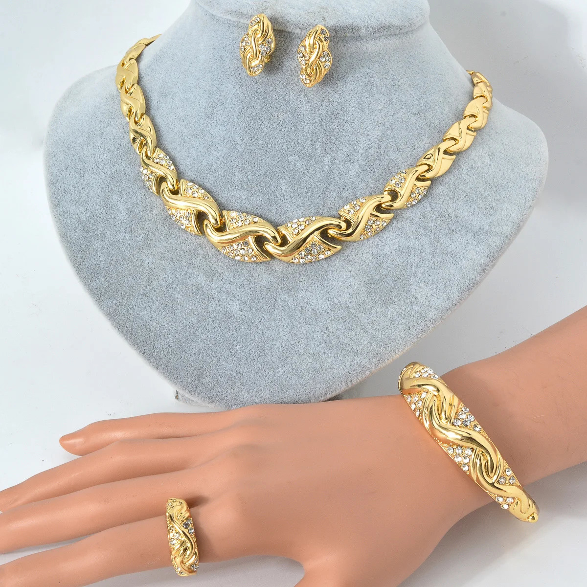 ZeaEar 4-piece/set jewelry n S-shaped necklace bracelet drawstring ring high-quality 18K gold-plated womens jewelry 241106