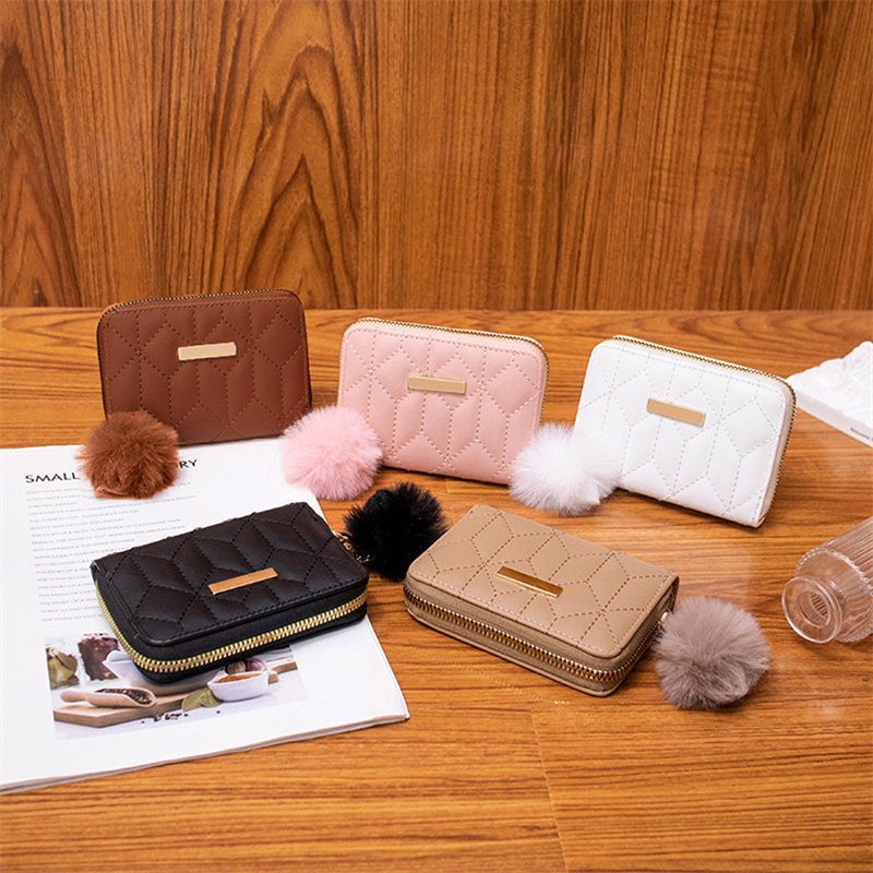 Women Small Leather Wallet Credit Card Holder Bifold Purse With Pompom Ball Lady Wallet Credit Card Holder Clutch Wallet