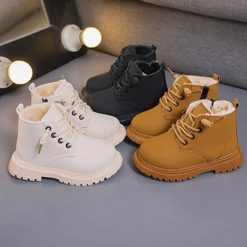 2024 Pure Color Children Boots Winter New Velvet Boots for Girls England Sle Kids Snow Boots Student Keeping Warm Shoes H08242XJ241206