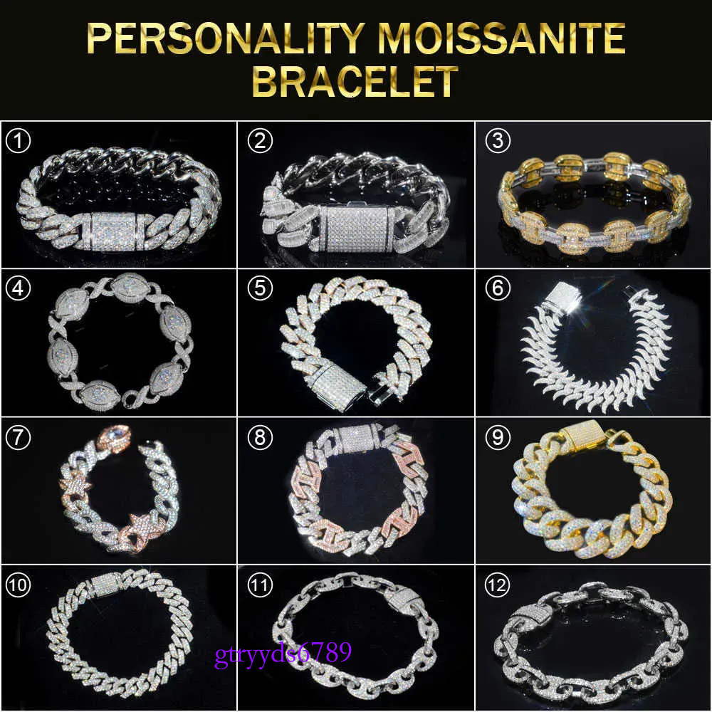 designer Pass Dia Tester VVS Ice Out Moissanite Coffee Beans Cuban k Chain 8mm Bracelet Sier Fine Jewelry for Man Woman