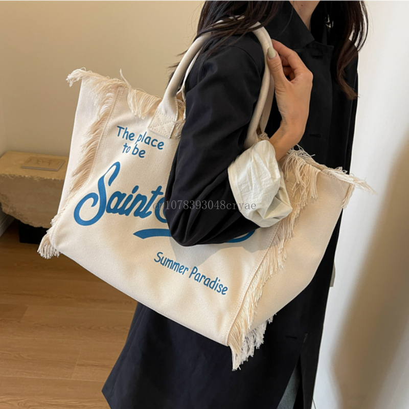 New Women Letter Printed Tassel Shoulder Bag Canvas Large Capacity Tote Bags Korean Fashion Commuter Shopper Travel Beach Bag