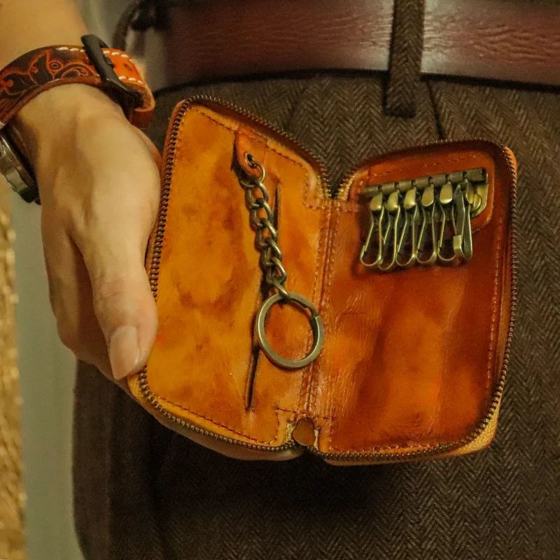 Luxury High Quality Original Leather Men Key Holder Organizer Pouch Wallet Retro Housekeeper Key Case Men's Waist Zipper Key Bag