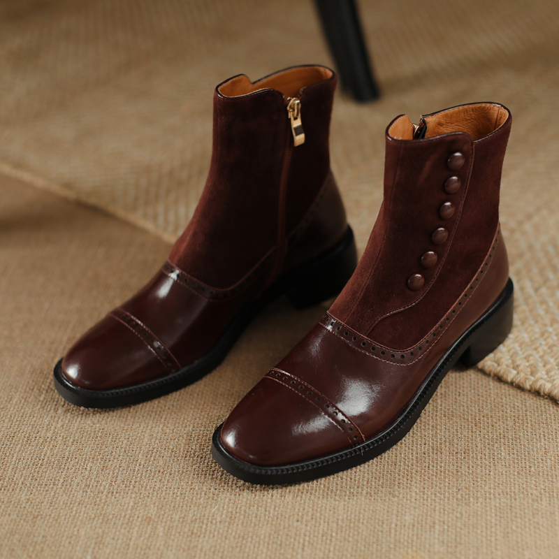 Hot Square Toe Winter Rivet Buckle ZIP Brogues Retro Short Thick Heel Ankle Boots Fashion Ck Women Shoes
