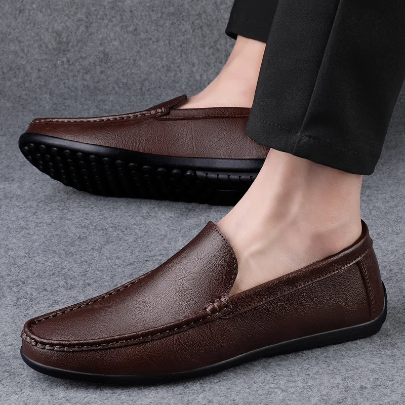 Genuine leather Loafers mens Moccasin fashionable slide on soft flat casual mens shoes Adult mens shoes Handmade boat shoes 241106