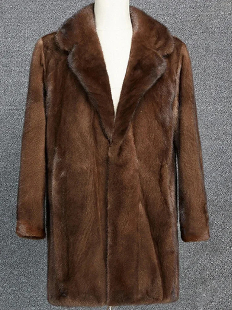 Mens dark brown faux fur warm mink coat with thick collar autumn loose casual jacket 241107