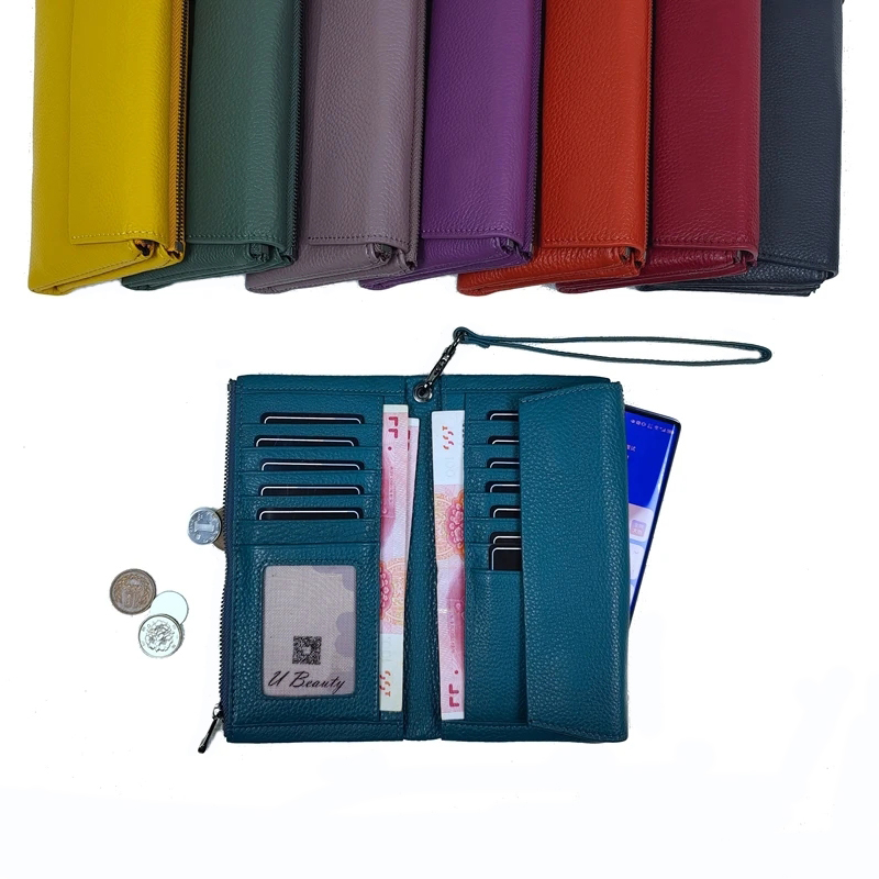 Coin Purse Ladies Multifunctional Soft Genuine Leather Long Wallet Cowhide Card Holder Phone Pocket Wristlet Strap Clutch Purses