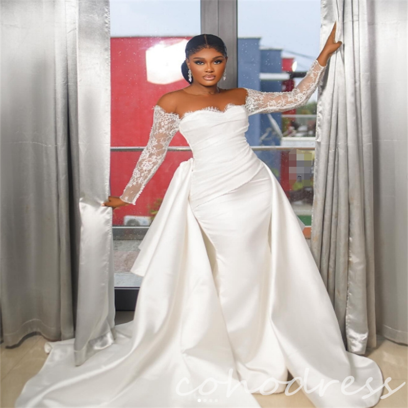 Exquisite African Wedding Dresses With Detachable Train Plus Size Mermaid Church Bridal Dress Elegant Long Sleeve Lace Bride Dress Country Vestio De N