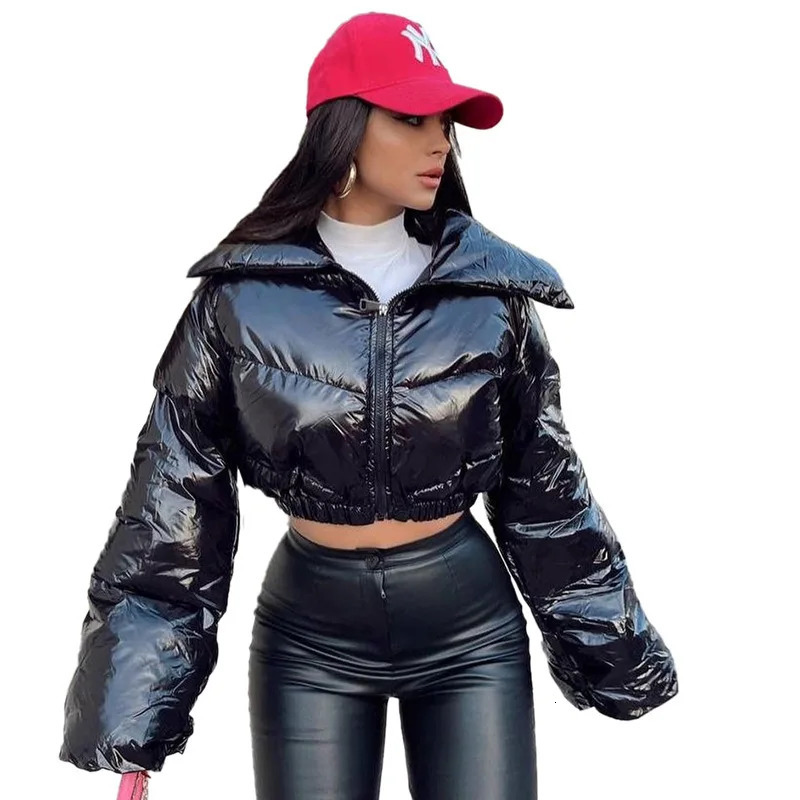 PU leather cut inflatable jacket for womens winter warmth cute and shiny bubble collar jacket bright colored Parka down zipper jacket 241107