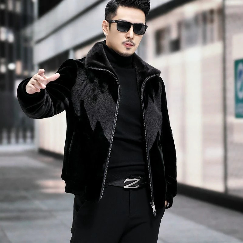 Mens winter mink coat mens long sleeved warm zipper jacket mens leather casual jacket I547 241107