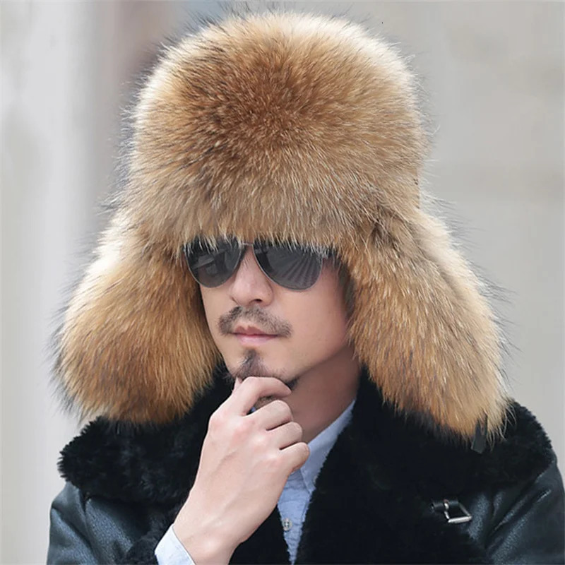 Winter 100% real silver fox fur bomber raccoon fur hat Ushaka Russian hunting hat mens skiing hat mens raccoon fur hat 241106