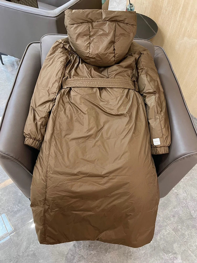 Winter Hoodie Womens Down Jacket Fluffy Retro Brown Coat Wtih Sasshes Parkas Black 3O198 241107