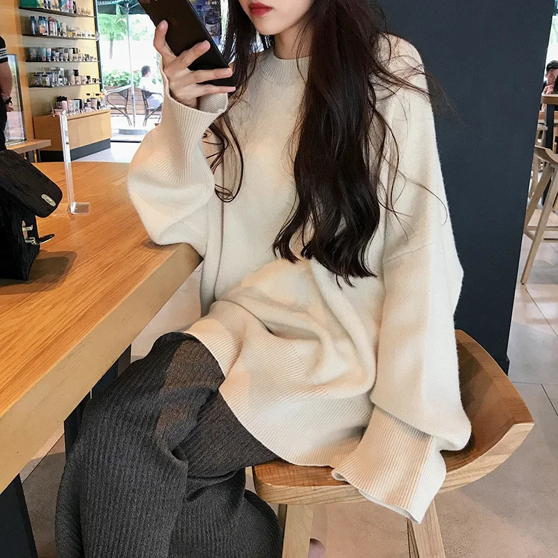 Womens Sweater Pullover Solid Color Knitted Top Crew Neck Base Layer Loose Fit Slimming For Spring Autumn 241107