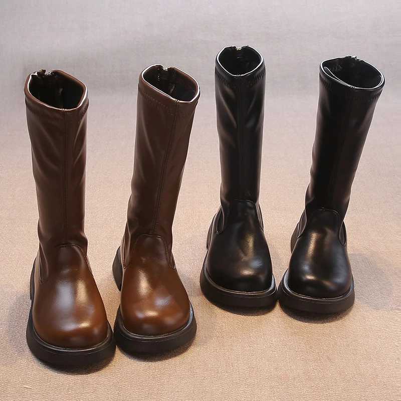 Children Long Boots Solid Color Knee-high Autumn Kids Boot Soft Pu Leather 26-36 Trendy Zipper Light Comfy All-match Girls ShoeXJ241206