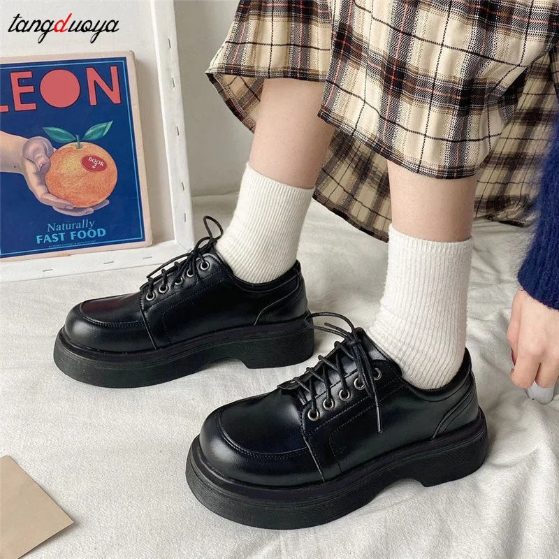 Platform Retro Shoes Oxford Shoes 2024 Autumn Retro Brown Leather Lace Womens Fashion Casual Shoes Black Oxford Shoes 241106