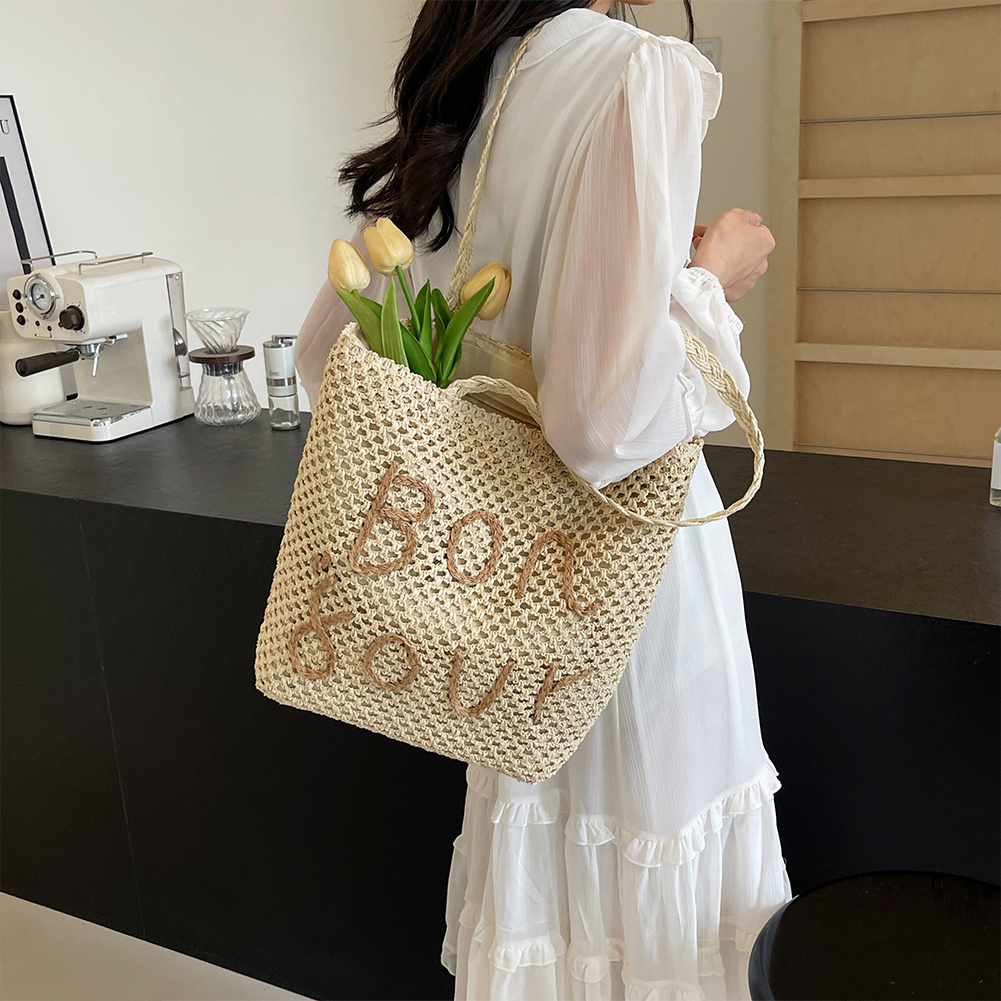 Women Letter Tote Handbag Large Capacity Hollow Out Handbag Versatile Crochet Travel Bag Female Straw Shoulder Bag