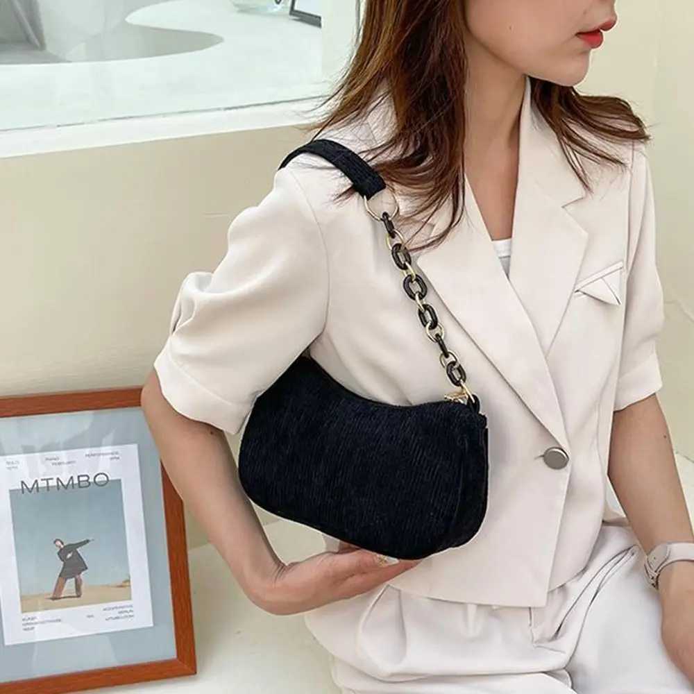 Fashion Vintage Handbags Women Autumn Winter Corduroy Underarm Bag Zipper Shoulder Small Bags Female Soft Casual Clutch Handbag Y250303