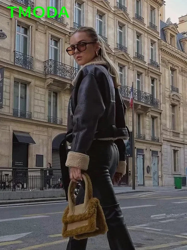 T-shaped MODA Spring/Summer Womens Fur Loose Belt Warm Jacket Cashmere Thick Motorcycle Collar Womens Coat Brown Unique Coat 241107