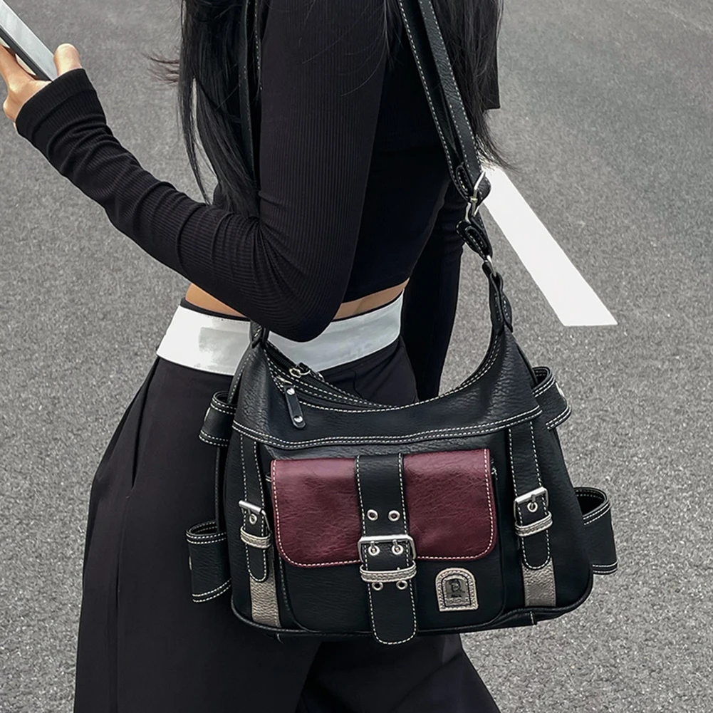 Women Vintage Messenger Bag Y2K PU Leather Contrast Color Shoulder Bag Multi-Pocket Versatile Satchel Girl Quality Crossbody Bag