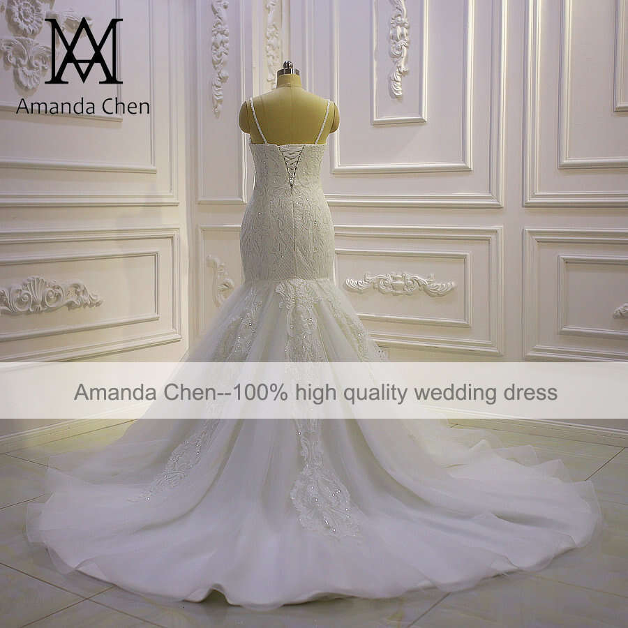 Spaghetti Straps Lace Applique Mermaid Off White Wedding dress