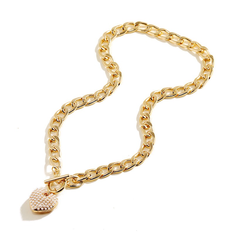 European and American Punk Minimalist Rice Bead Love Necklace Cross-border Versatile Metal Texture One Line Buckle Necklace Pearl Necklace for Women