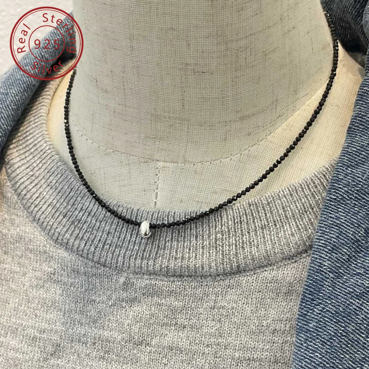 925 silver bean black spinel necklace Korean style minimalist style suitable for daily travel 241107