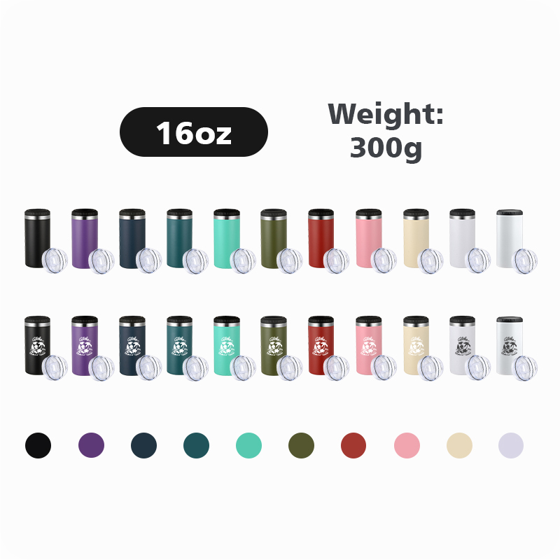 4 in 1 16oz Can Cooler Straight Tumbler Stainless Steel Can Insulator Vacuum Insulated Bottle Cold Insulation Can with 2 lids - view 7