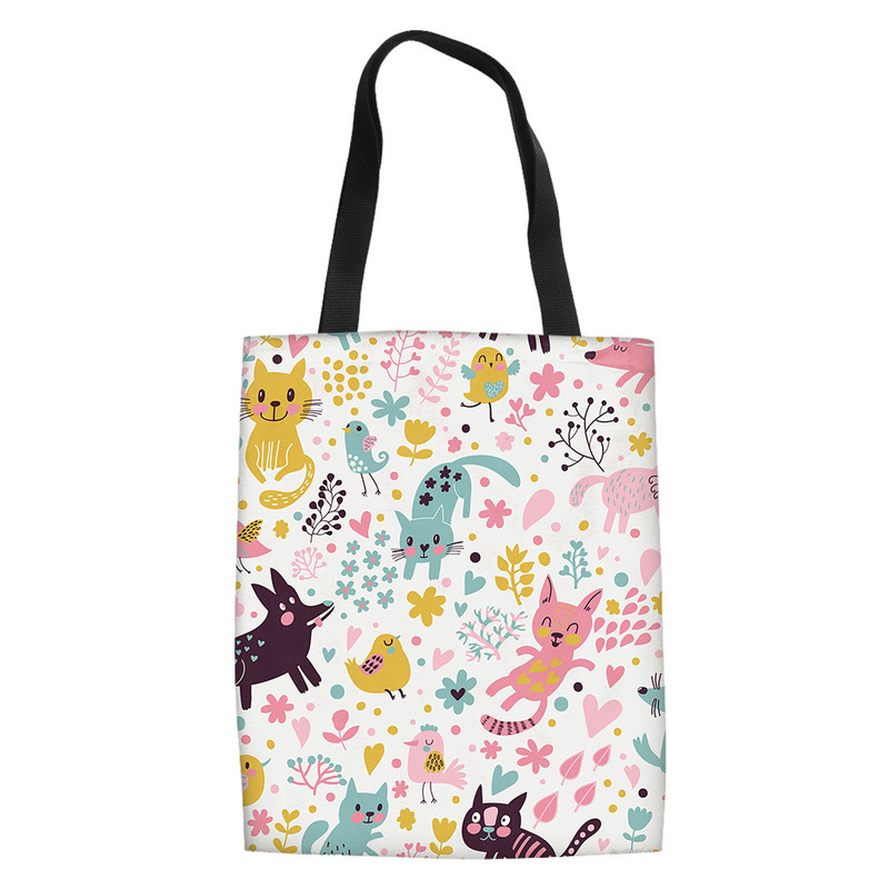 Women Shopping Tote Bag Cute Cartoon Dog Cat Fish Print Shoulder Canvas Bags Causal Travel Storage Bag Students Book Bags