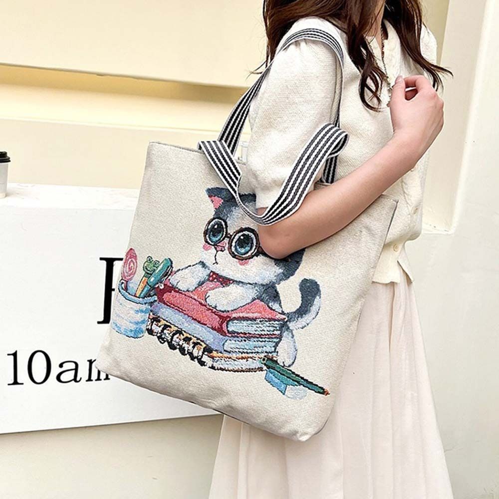 Large Capacity Cloth Pouch Ethnic Style Handbag Vintage Cute Cat Embroidery Animal Shoulder Bag Fashion Personality Tote Bag