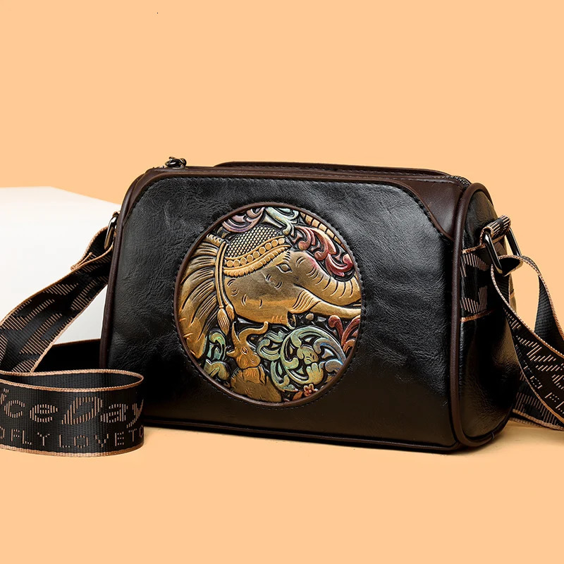 Womens Shoulder Bag Elephant Embroidery Womens Messenger Bag Wallet High Quality Leather Girl Bolsas Sac A Main 241106