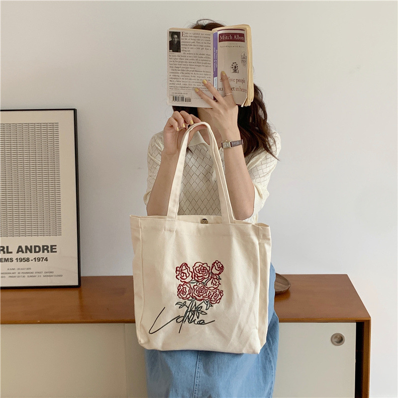 Women Canvas Bag Embroidery Rose Tote Cotton Cloth Fabric Handbag Vintage Large Capacity Shoulder Bag Shopping Bags For Girls