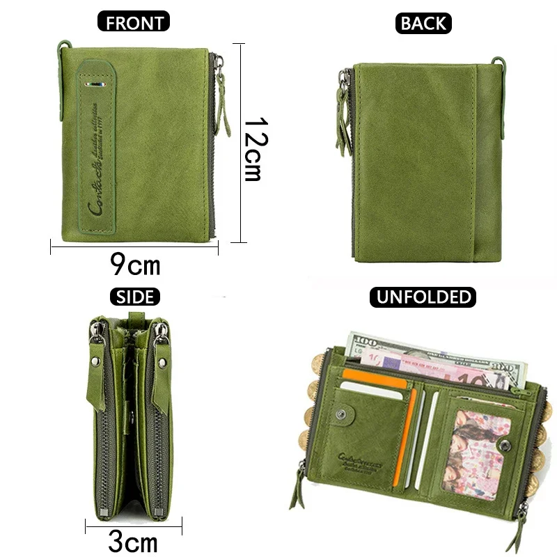 Genuine Leather Wallets for Women Men Short Bifold Fashion Green Purses Card Holder Coin Purse Money Clip Banknote Clutch Wallet