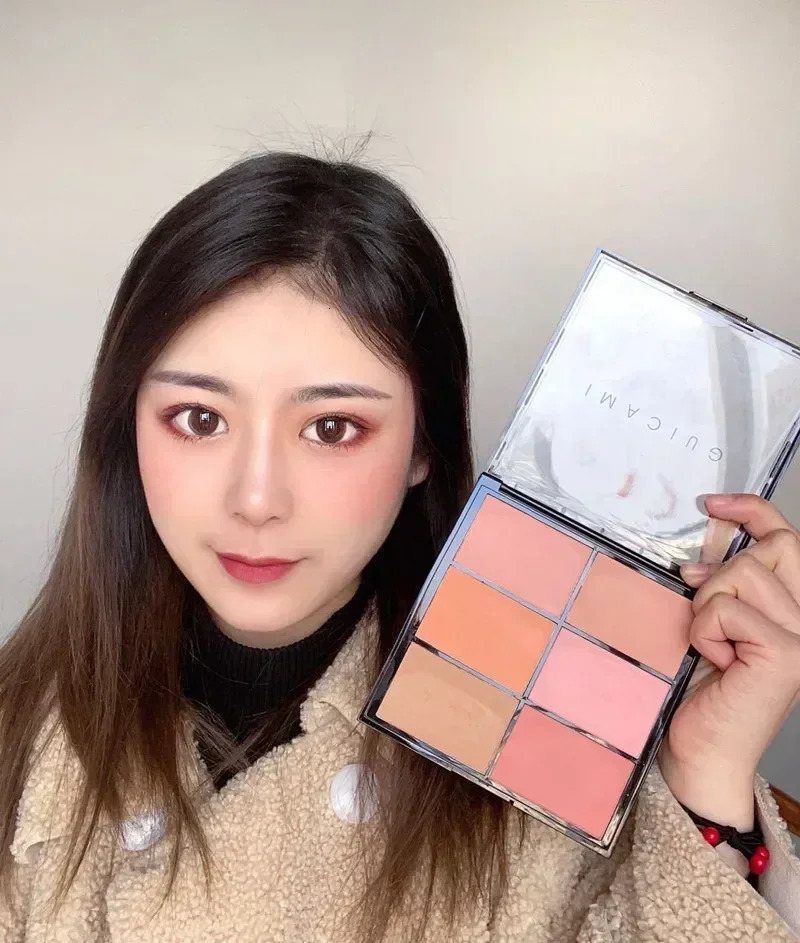 Guicami six color powder blusher board shadow almond orange nude makeup natural powder blusher palette focus powder blusher face 241107