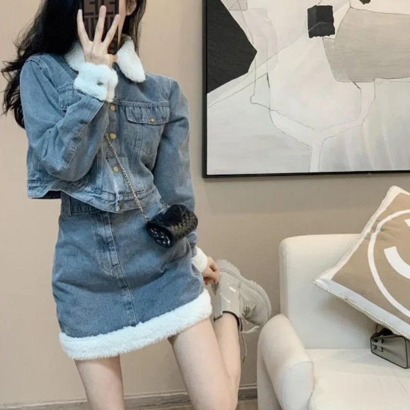 Women Y2K Denim Sets Winter Thicken Elegant Long Sleeve Short Jackets with Mini A-line Skirts Suit Harajuku High Street Outfit 241107