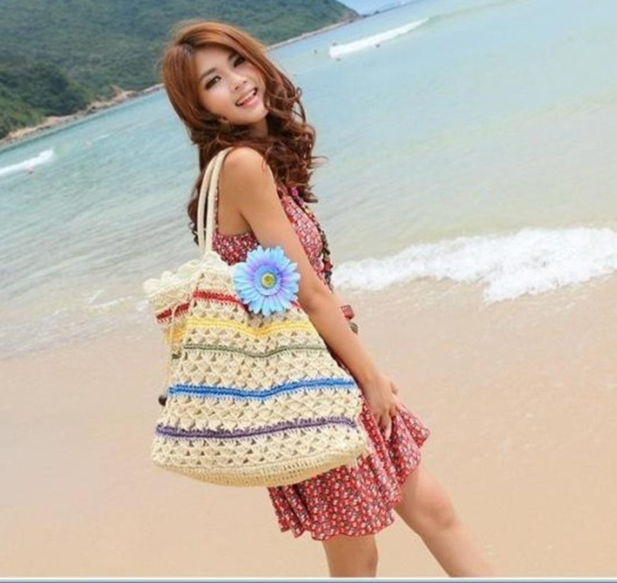 50x37CM fine French fashion big space colorful crochet twine candy Large straw bag handbag A2351