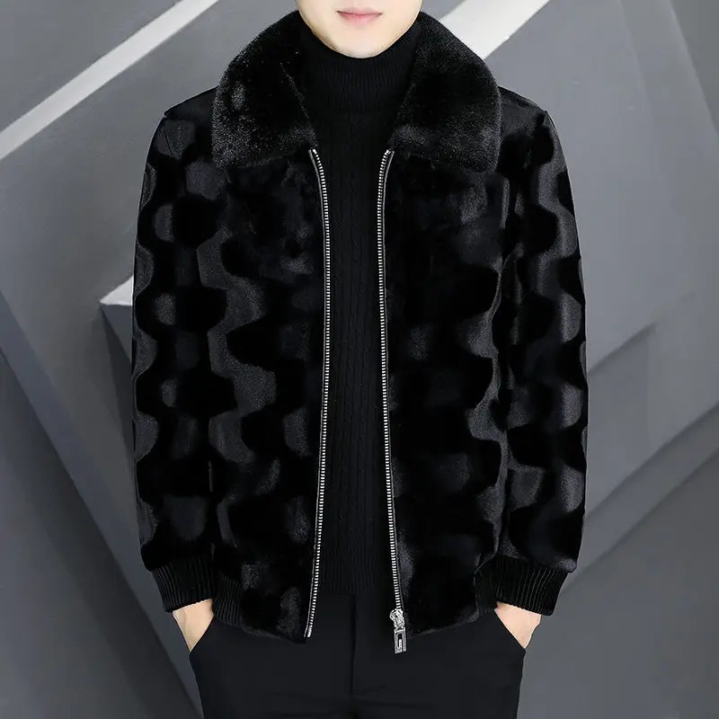 Winter mens high-end mink coat mens fashionable polo collar thick leather coat casual plus size solid color coat 241107