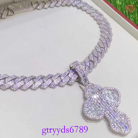Hip Hop Cross Charm Baguette Cut VVS S Moissanite Cuban Chain With Pendant